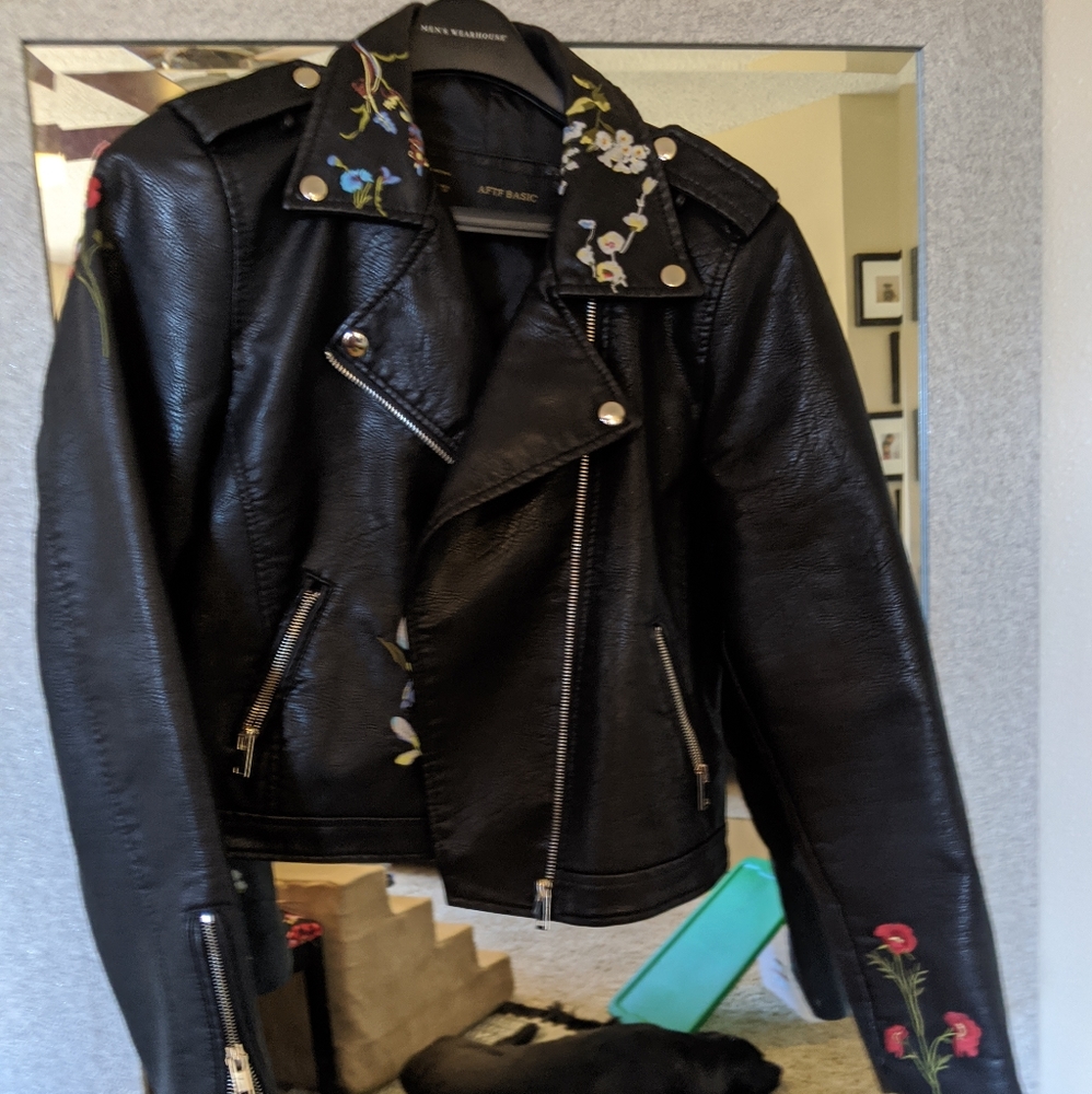 Barely worn black pleather floral jacket size XL